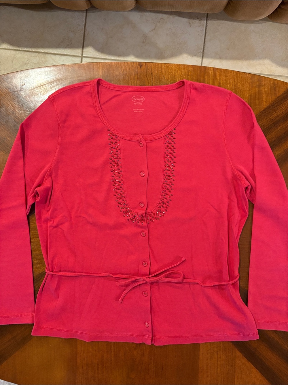 Talbots Women’s Button-Front Pink Embellished Long-Sleeve Top